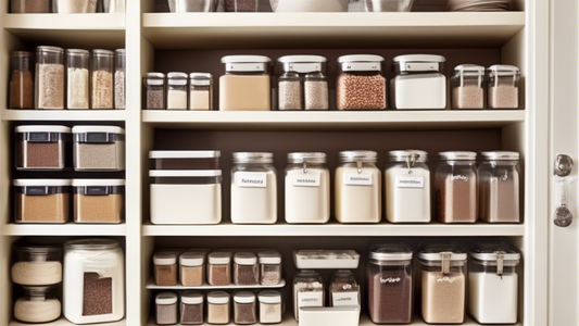 Create an image of a well-organized baking pantry with labeled containers for flour, sugar, chocolate chips, sprinkles, and vanilla extract. Include shelves with clear jars, baskets for cookie cutters, and a neatly arranged stack of baking sheets. Th