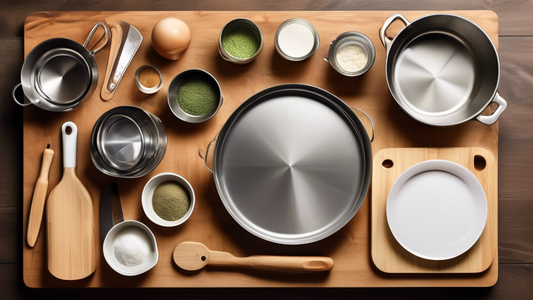 Create an image of a well-organized kitchen counter with essential cooking tools such as a chef's knife, cutting board, measuring cups, mixing bowls, spatula, and a pot, all neatly arranged and ready for use. Include elements that convey a sense of b