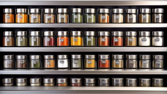 Create an image of a beautifully organized stainless steel magnetic spice rack with a variety of spices neatly arranged and labeled in small, clear containers. Each spice should be strategically placed on the rack, demonstrating an efficient and visu