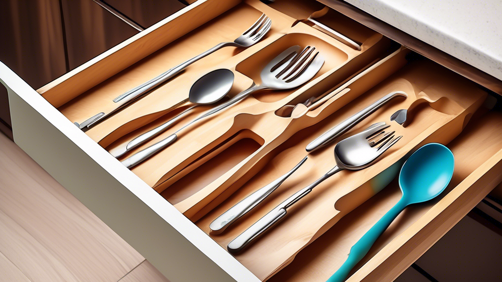 Create an image of a kitchen drawer with a modern and organized expandable cutlery tray insert in use. Showcase the different compartments efficiently holding various utensils and cutlery items, illustrating the benefits of using such a tray to keep 