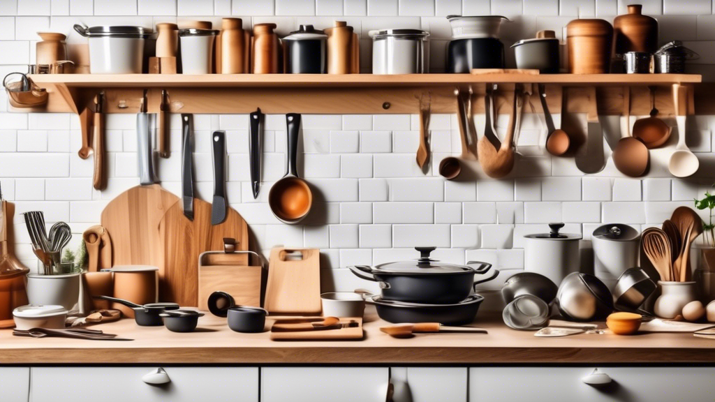 Create an image of a well-organized kitchen with a variety of durable kitchen essentials neatly arranged on a countertop, including pots and pans, cutting boards, knives, measuring cups, and cooking utensils. The kitchen should convey a sense of effi