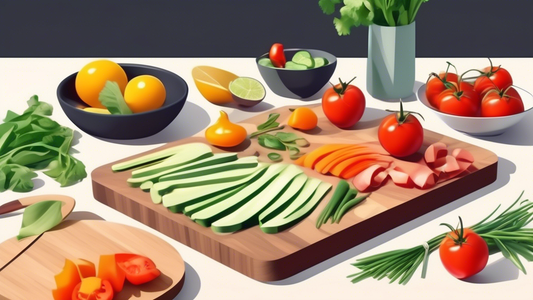Create an image of a modern kitchen countertop with a sleek and spacious cutting board, showcasing various fresh ingredients neatly chopped and organized on the board, ready for a delicious meal prep session. The scene should exude a sense of organiz