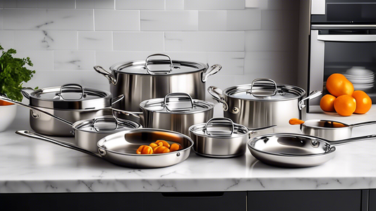 Create an image of a shiny, top-notch stainless steel cookware set with a variety of pots and pans displayed on a kitchen counter. Each piece should showcase a different tip for preventing rust, such as proper cleaning techniques, storage recommendat