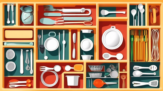 Create an image of a well-organized kitchen drawer with various kitchen gadgets neatly arranged in compartments, showcasing an efficient and practical system for storing utensils, measuring spoons, whisks, and other essential tools.