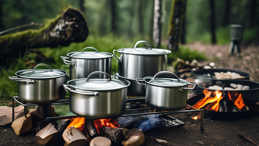 Create an image of a stainless steel camping cookware set with a variety of pots, pans, and utensils neatly arranged outdoors at a campsite, surrounded by lush greenery and a cozy campfire. The set should showcase the durability, versatility, and con