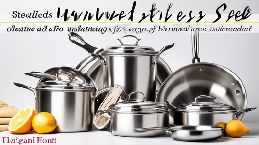 Create an image of a well-maintained set of stainless steel cookware, gleaming and free of scratches or stains, showcasing various utensils and pots. Add elements such as a soft sponge, gentle cleaning solution, and a microfiber cloth to suggest care