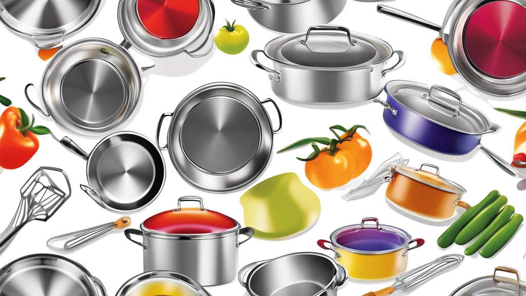 Create an image of a set of high-quality stainless steel cookware, showcasing various pots and pans all neatly arranged, with each piece priced under $100. The items should be displayed in a modern kitchen setting to emphasize their quality and affor