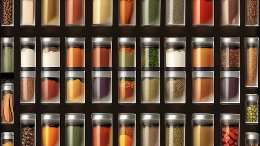 Create an image of a well-organized and visually appealing spice rack, showcasing different placement strategies such as grouping spices by cuisine, organizing alphabetically, and utilizing creative storage solutions for maximum efficiency.