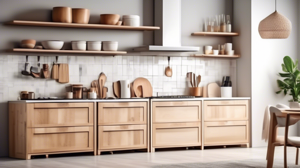 Create an image where a modern, organized kitchen is filled with sleek modular storage solutions such as stackable containers, adjustable shelves, and versatile drawer organizers. The space should be clutter-free, showcasing the efficiency and aesthe