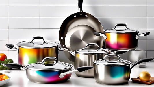 Create an image of a set of stainless steel cookware gleaming in a modern kitchen, showcasing the sleek design and durability of the material. Include various pieces such as pots, pans, and utensils to highlight the versatility and benefits of using 