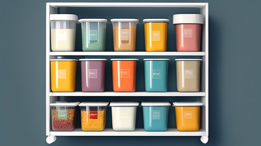 Create an image of a compact kitchen with limited storage space, featuring the top 5 stackable food storage containers neatly organized and maximizing the available space. Each container should be labeled with its name and size, showcasing their stac
