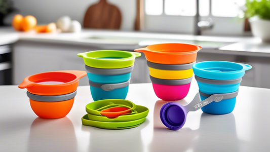 Create an image of a set of colorful BPA-free collapsible measuring cups in a modern kitchen setting, showcasing their flexibility, convenience, and eco-friendly design. The measuring cups should be displayed neatly stacked or spread out, highlightin