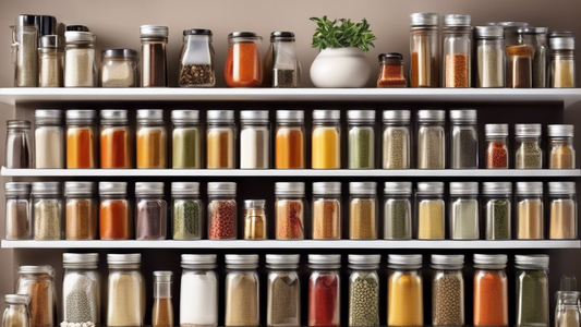 Create an image of a well-organized spice shelf showcasing the top 10 spice organization tips. The image should feature neatly arranged spice jars with labels, a spice rack or shelf with dividers, clear containers for easy visibility, a tiered shelvi