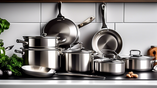 Create an image of a sleek and modern stainless steel cookware set with a variety of pots, pans, and kitchen tools neatly arranged on a countertop. The cookware should look high-quality and durable, conveying the idea of being low-maintenance and eas