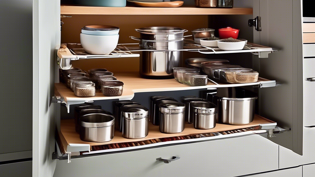 Create an image of a modern kitchen with sleek, stylish pull-out shelf organizers filled with neatly arranged pots, pans, and spices. Show different examples of pull-out organizers, such as adjustable shelves, corner units, and vertical dividers for 