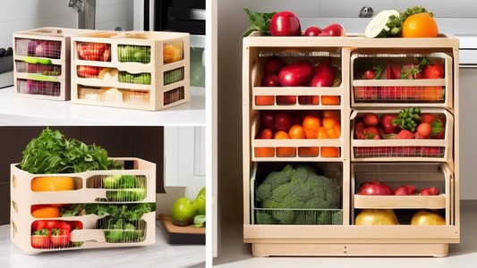Create an image of an innovative and efficient produce storage solution that combines both function and aesthetics. Show a selection of stylish fruit and vegetable baskets, hanging organizers, or stackable storage containers that make it easy to keep