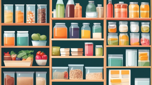 Create an image of a compact and neatly organized pantry in a small space with shelves, baskets, labels, and containers for various food items. Show efficient storage solutions and practical pantry organization tips for maximizing space and keeping e