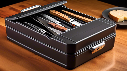 Create an image of a compact and sleek knife storage box designed specifically for traveling chefs. Show the box in a travel setting, such as a professional chef's kitchen on a food truck or on a camping trip, showcasing its portability and convenien