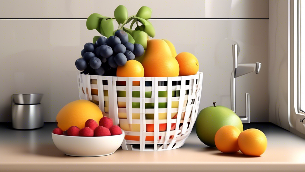 Create an image of a compact and sturdy fruit basket designed specifically for small kitchens. The fruit basket should be practical and space-saving, yet stylish and able to hold a variety of fruits. Display the basket on a countertop in a cozy kitch