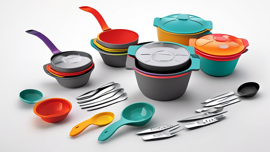 Create an image of a compact and innovative kitchenware set designed for small spaces, featuring foldable utensils, nestable pots and pans, and multifunctional tools to maximize efficiency and organization in the kitchen.