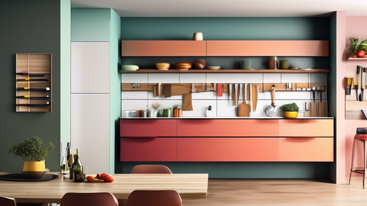 Create an image of a modern kitchen with a sleek, space-saving magnetic knife strip mounted on the wall. The strip should be holding a variety of knives of different shapes and sizes, showcasing its functionality and practicality in a stylish kitchen