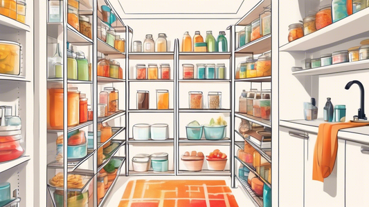 Create an image of a well-organized pantry that maximizes storage using vertical space efficiently. Show various shelving units, hooks, and racks to demonstrate smart organization and decluttering techniques for a tidy and functional pantry.