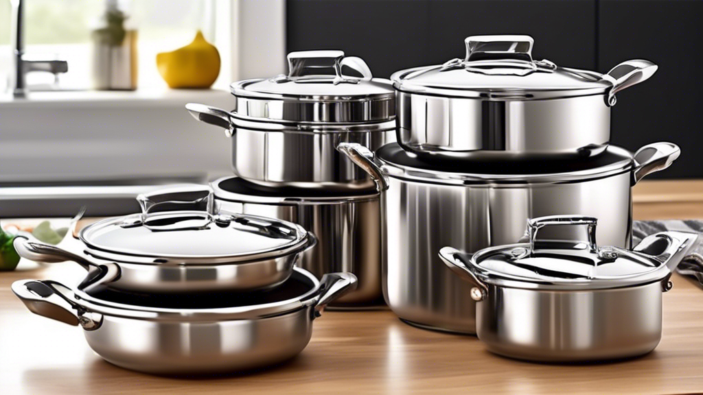 Create an image of a sleek and modern stainless steel cookware set that is stackable, perfectly illustrating the concept of Space-Saving Stainless Steel Cookware Sets: The Ultimate Stackable Solution. The image should showcase multiple pots and pans 