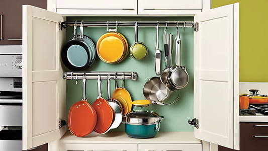 Create an image of a well-organized and efficient pot and pan storage solution in a kitchen. Showcase clever storage ideas such as hanging racks, pull-out drawers, stackable organizers, and space-saving cabinets to inspire viewers seeking practical k