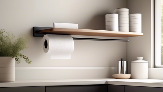 Create an image of a sleek and modern kitchen with a wall-mounted paper towel holder featuring a convenient shelf. The paper towel holder should be stylish and practical, showcasing its ability to save space and keep your kitchen organized. The image
