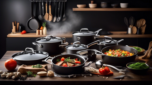 Create an image of a chef effortlessly using a multifunctional cookware set in a kitchen, showcasing its versatility and highlighting various cooking techniques such as sautéing, baking, steaming, frying, and roasting. The chef should appear confiden