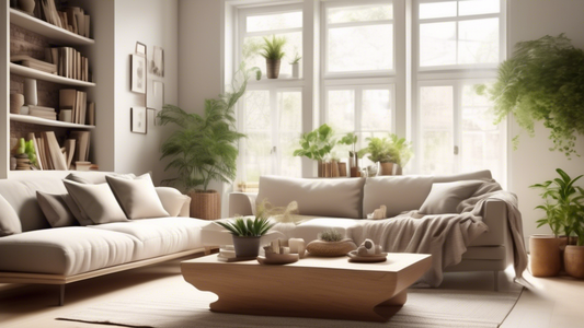 Create an image of a serene and clutter-free living room, with minimalistic decor, well-organized shelves, and ample natural light streaming in through open windows. Show elements like neatly arranged books, a cozy throw blanket draped over a couch, 