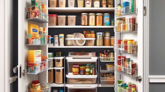 Create an image of a pantry with over-the-door baskets filled with neatly organized pantry items such as cans, jars, and bags of pasta. The pantry should look tidy and well-utilized, showcasing how using over-the-door baskets can help maximize storag