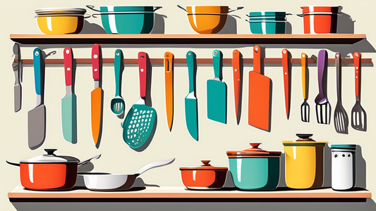 Create an image of a busy family's kitchen featuring three innovative organization hacks in action: a magnetic wall strip holding various knives and cooking utensils, labeled pantry containers neatly arrayed on shelves, and a wall-mounted pot and pan