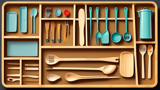 Please generate an image of a well-organized kitchen drawer with bamboo utensil dividers, showcasing different compartments for various kitchen tools and utensils. The image should highlight the neat and tidy arrangement of the utensils, promoting th