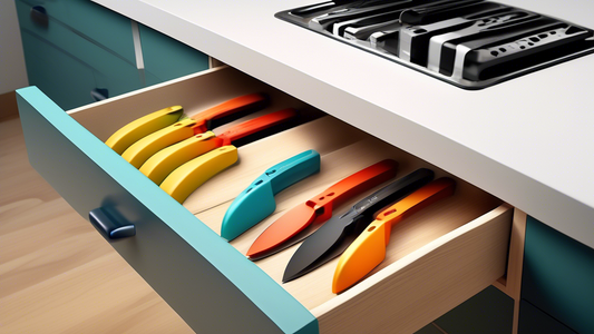 Create an image of a childproof knife storage solution for parents, such as a locked drawer or a specialized cabinet with safety features. The design should emphasize the importance of keeping sharp objects out of reach of children to prevent acciden