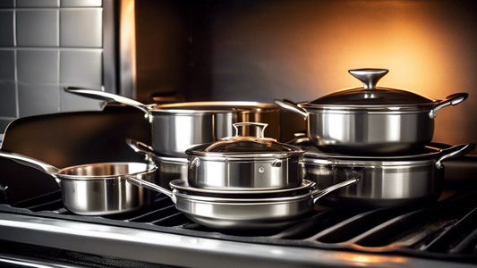 Create an image of a shiny stainless steel cookware set placed in a hot oven, showcasing its durability, versatility, and heat resistance. The cookware should be seen glowing slightly from the heat with a steaming hot dish inside, illustrating the be