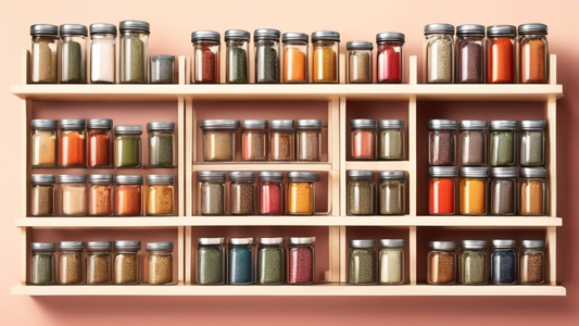 Create an image of a perfectly organized spice rack with multiple tiers and labeled jars, showcasing 10 different genius spice rack organization tips such as using magnetic containers, utilizing tiered shelves, arranging spices by color, and more.