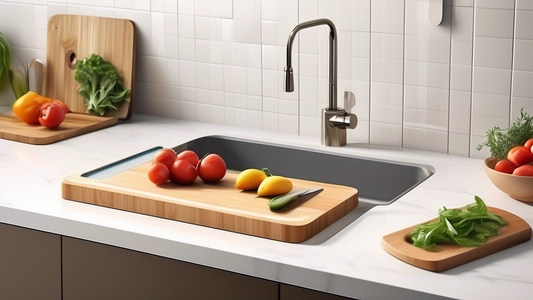 Create an image of a compact over-the-sink cutting board design, showcasing its space-saving features and practicality in a small kitchen setting. The cutting board should be sleek, functional, and designed to fit perfectly over a standard kitchen si