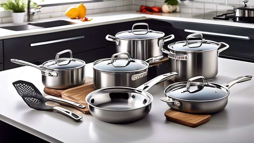 Create an image of a high-quality stainless steel cookware set with a non-stick coating that features a variety of pots, pans, and lids in a modern kitchen setting. The cookware should be displayed on a sleek countertop with a tiled backsplash and ha