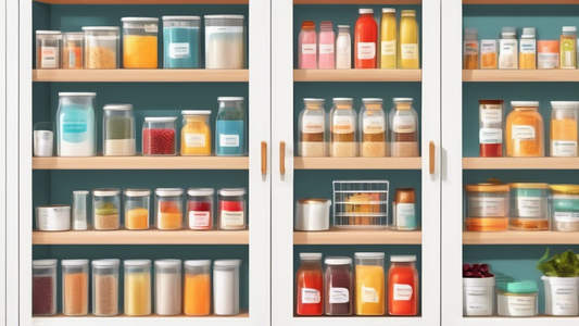 Create an image of a well-organized pantry shelf with a variety of pantry shelf organizers such as labeled bins, stackable shelves, wire baskets, and lazy susans. Ensure each organizer is neatly arranged with different items categorically stored, sho