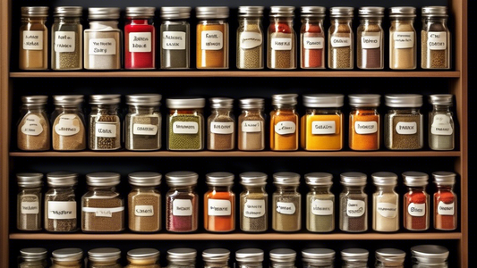 Create an image of a neatly organized spice rack with a variety of jars labeled with creative and effective labels. Each label should be clearly visible, showcasing different labeling methods such as color-coding, using clear font, and incorporating 