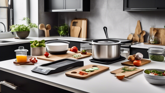 Create an image of a sleek, modern kitchen showcasing a variety of multifunctional kitchenware items such as a cutting board with built-in scales, a pot lid that doubles as a strainer, and a stackable set of mixing bowls with measuring marks. Show th