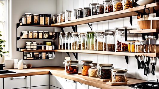 Create an image of a modern, organized kitchen with innovative storage solutions such as pull-out pantry shelves, hanging pot racks, magnetic knife strips, and labeled clear containers for pantry items. The kitchen should look sleek and clutter-free,