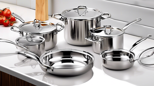 Create an image of a high-quality stainless steel cookware set with strainer lids, showcasing a variety of pots and pans in different sizes, all gleaming and beautifully arranged on a kitchen counter. Each piece should have a sleek and modern design,