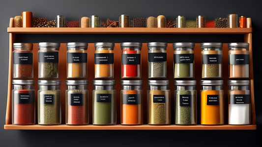Create an image of a beautifully organized spice rack with seven innovative spice storage containers, each labeled with a different spice name and showcasing a variety of shapes, sizes, and materials to keep your spices fresh and easily accessible.