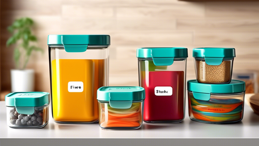 Create an image of five stackable glass food storage containers, each labeled with a number from one to five. The containers should vary in size and shape, with clear lids to showcase their contents. The background should be a clean, organized kitche