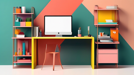 Create an image of a modern, minimalist home office desk with sleek space-saving shelf organizers in various finishes and shapes, showcasing how they declutter the workspace in a stylish and functional way.