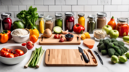 Create an image of a well-organized kitchen counter filled with essential meal prep tools such as cutting boards, knives, measuring cups and spoons, mixing bowls, food storage containers, and a variety of fresh ingredients like fruits and vegetables.