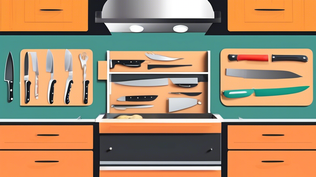 Create an image of a neatly organized RV kitchen with creative knife storage solutions, showcasing collapsible knife blocks, magnetic knife strips, and compact knife drawer inserts for maximizing space in a small kitchen on wheels.