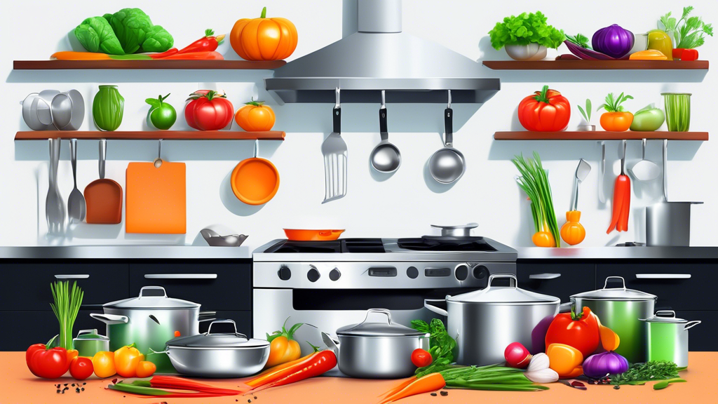 Create an image of a modern, sleek kitchen with a variety of non-toxic stainless steel cookware neatly organized on the countertops and stove. Include vibrant, healthy ingredients such as colorful vegetables, herbs, and spices to emphasize the theme 